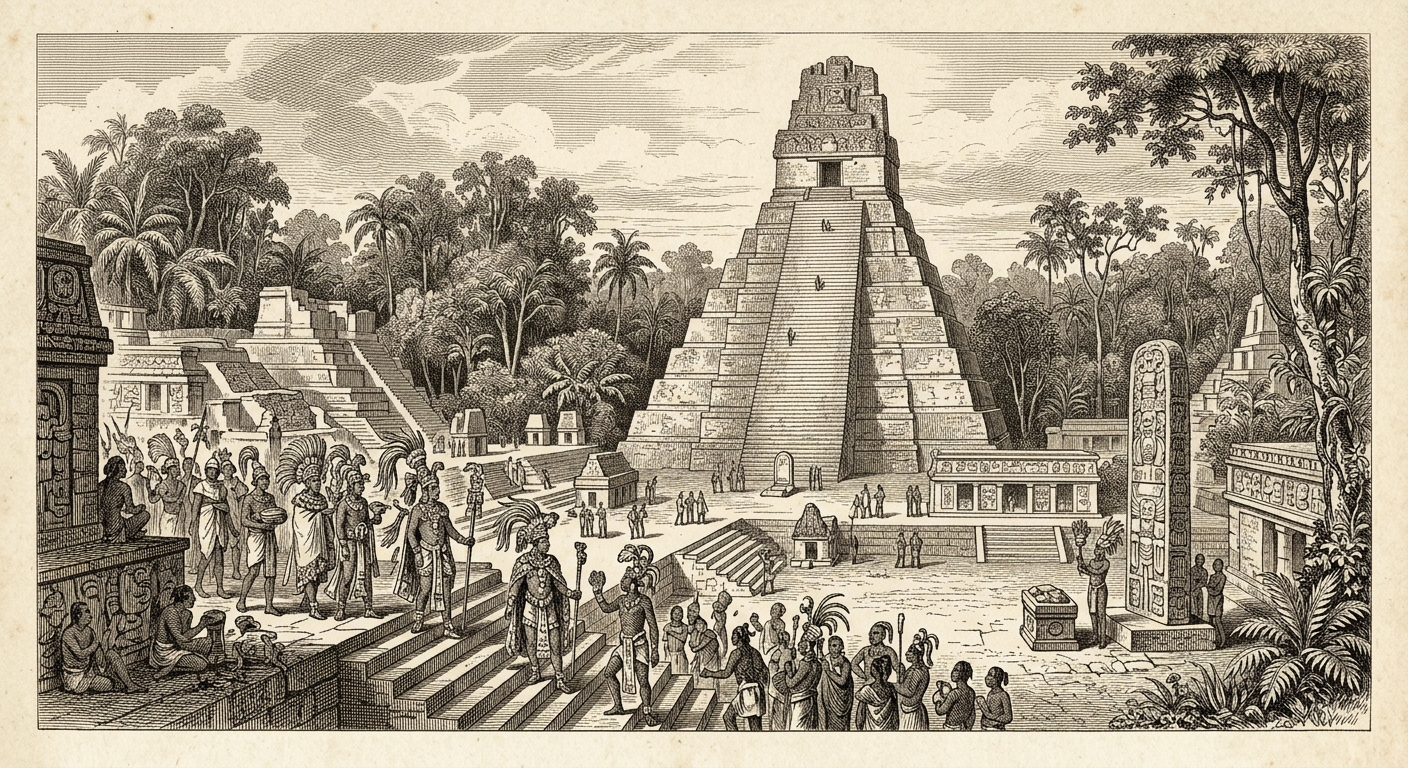 Antique engraving of a Maya stepped pyramid rising above the jungle