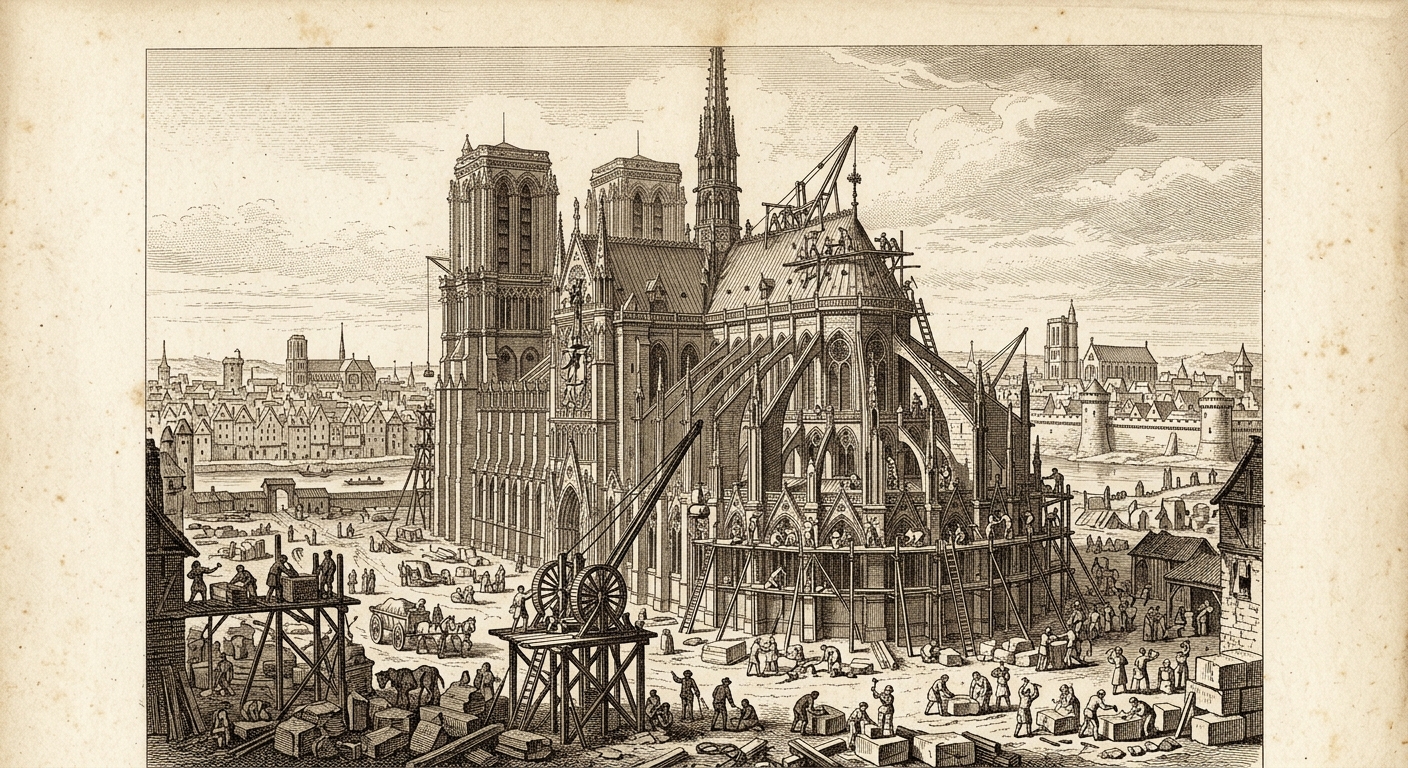 Antique engraving of a medieval cathedral under construction