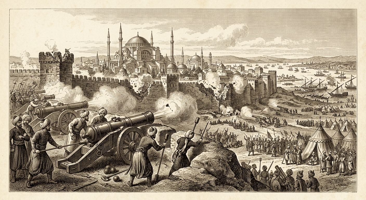 Antique engraving of the Ottoman siege of Constantinople in 1453 with massive cannon