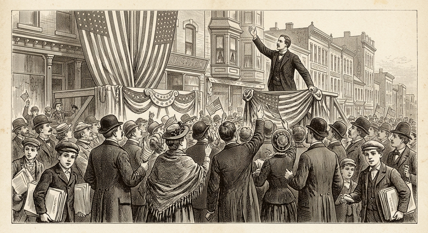 Antique engraving of a Progressive Era political rally with a crowd and speaker on a platform