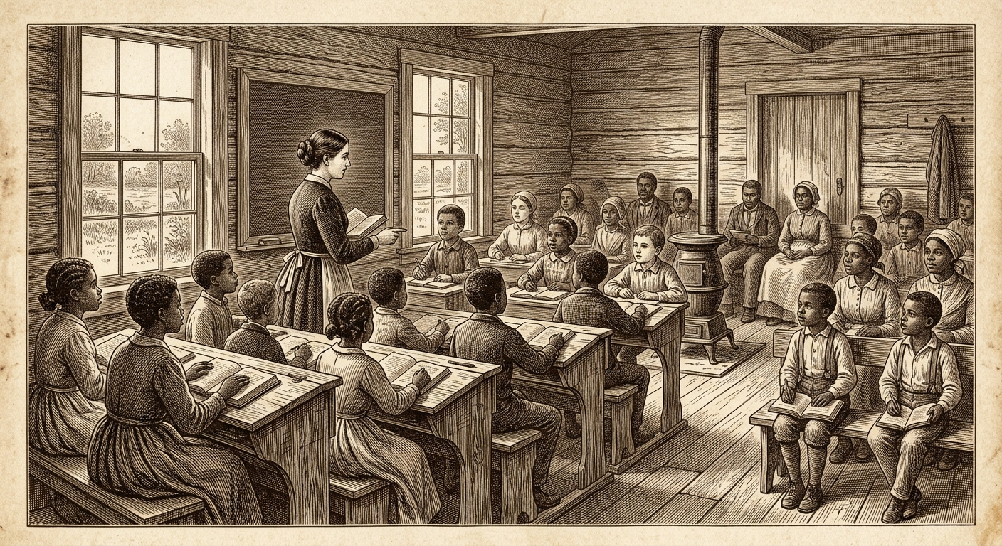 Antique engraving of a Reconstruction-era schoolhouse with a teacher and students