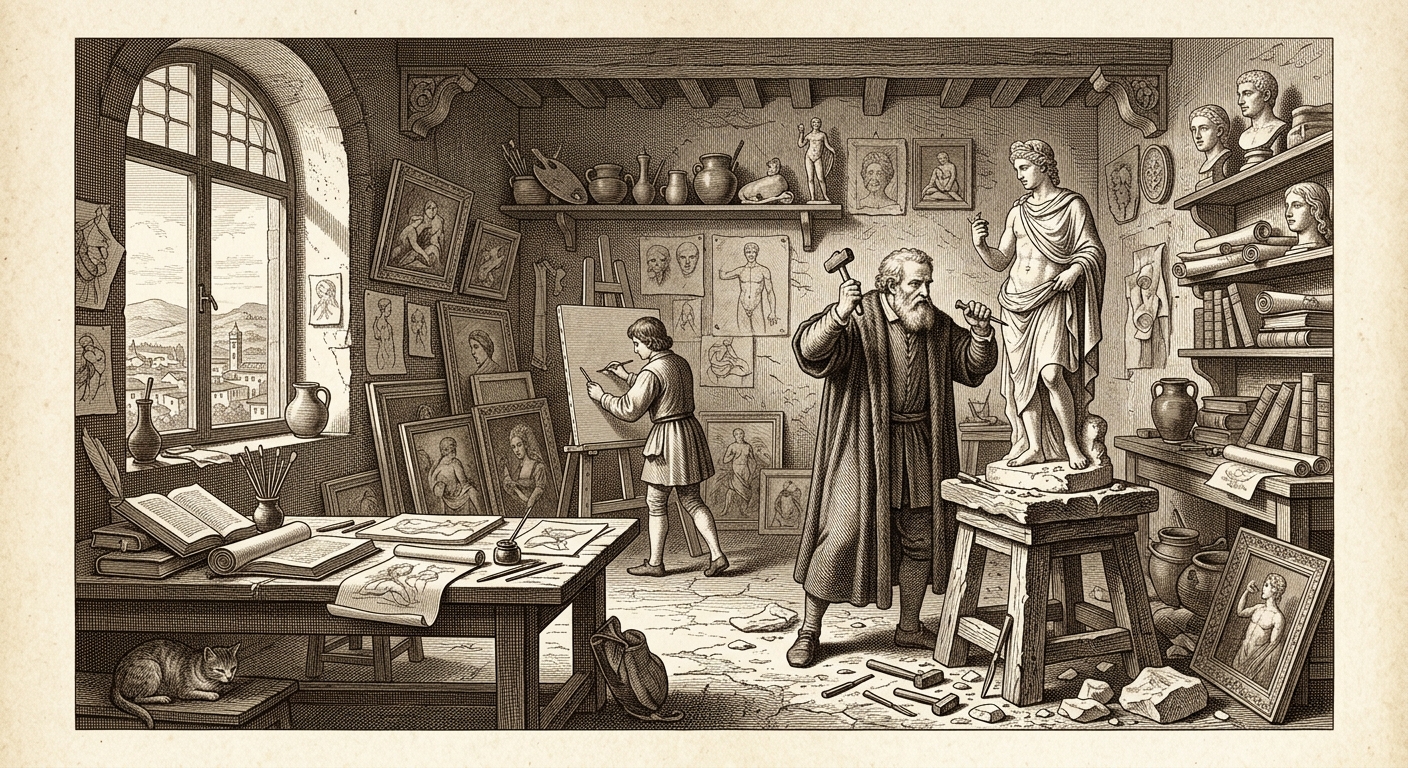 Antique engraving of a Renaissance artist studio with sculptures and paintings