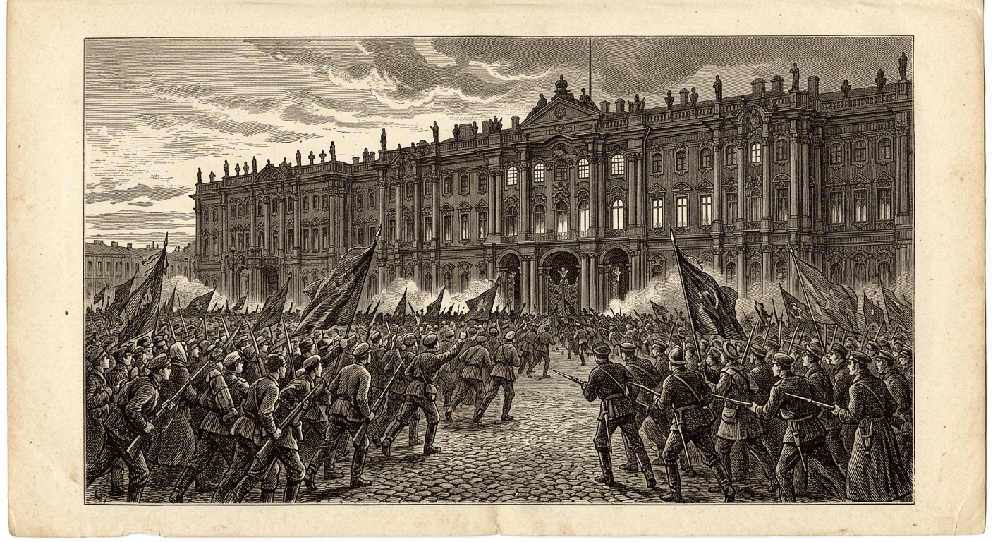 Antique engraving of the Storming of the Winter Palace in Petrograd, October 1917