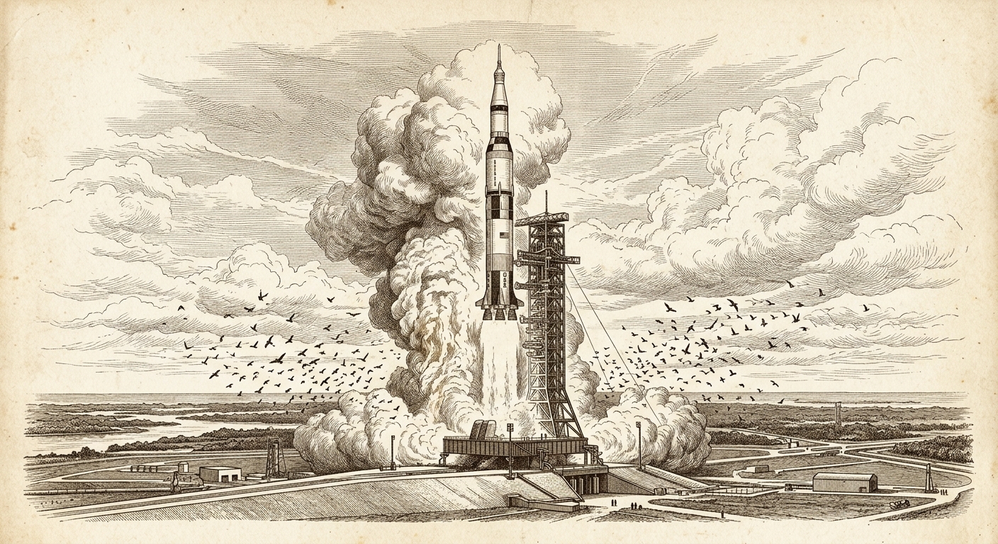 Antique engraving of the Apollo 11 Saturn V rocket lifting off