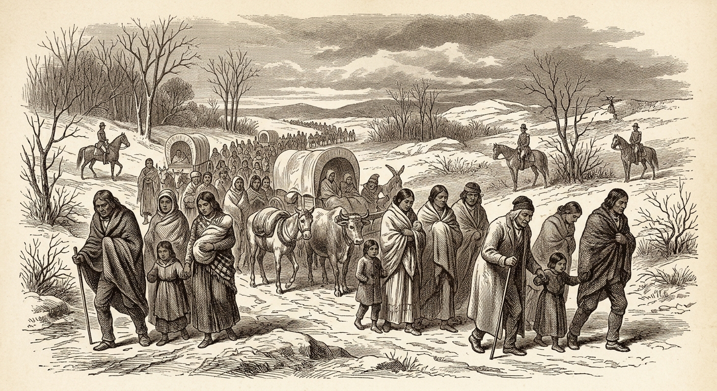 Antique engraving of the Cherokee Trail of Tears — a somber procession through a winter landscape