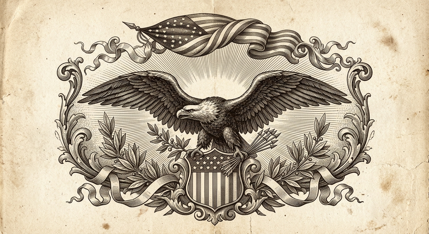 Antique engraved emblem of the United States with an eagle and shield