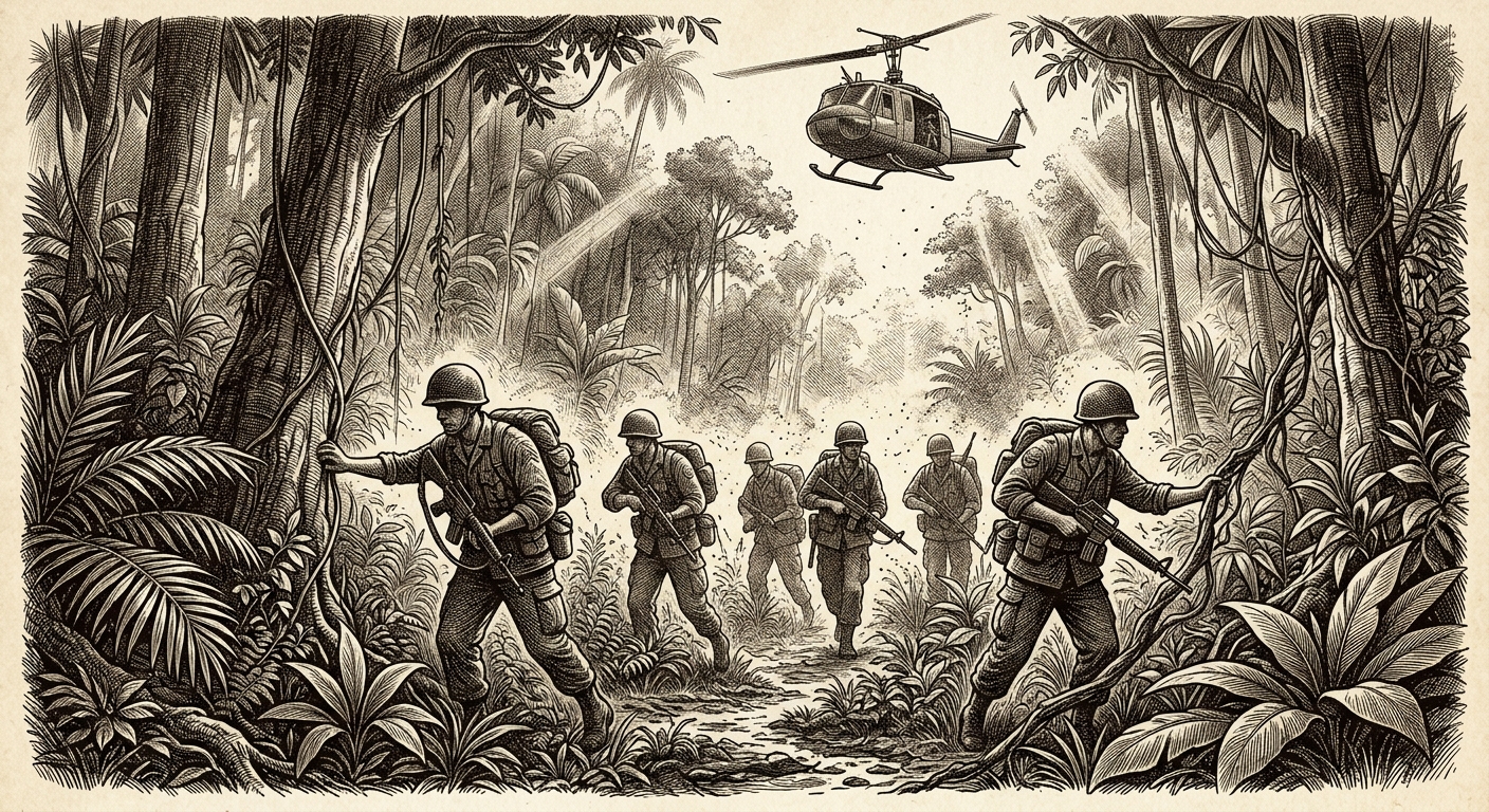 Antique engraving of US soldiers patrolling through dense jungle with a helicopter above