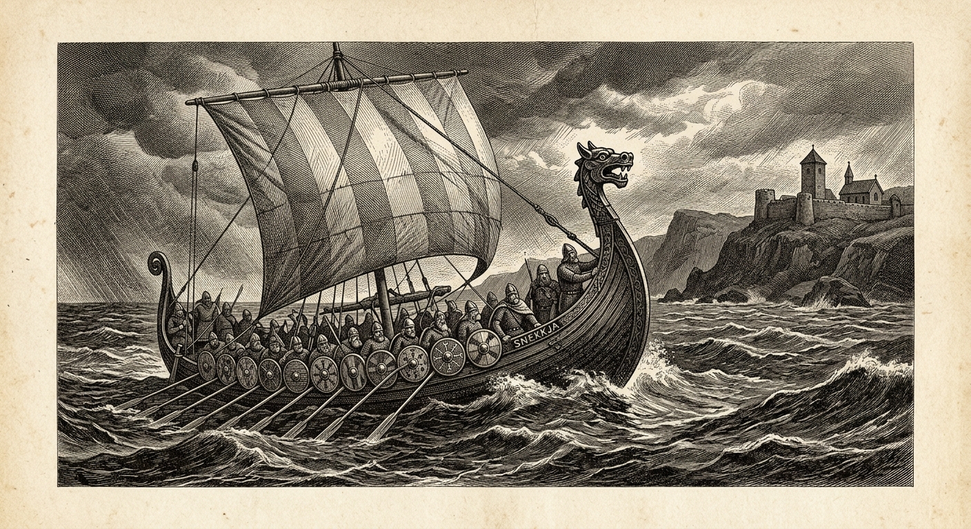Antique engraving of a Viking longship under sail on a stormy northern sea with warriors
