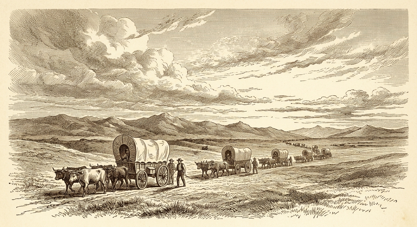Antique engraving of a covered-wagon train crossing the plains
