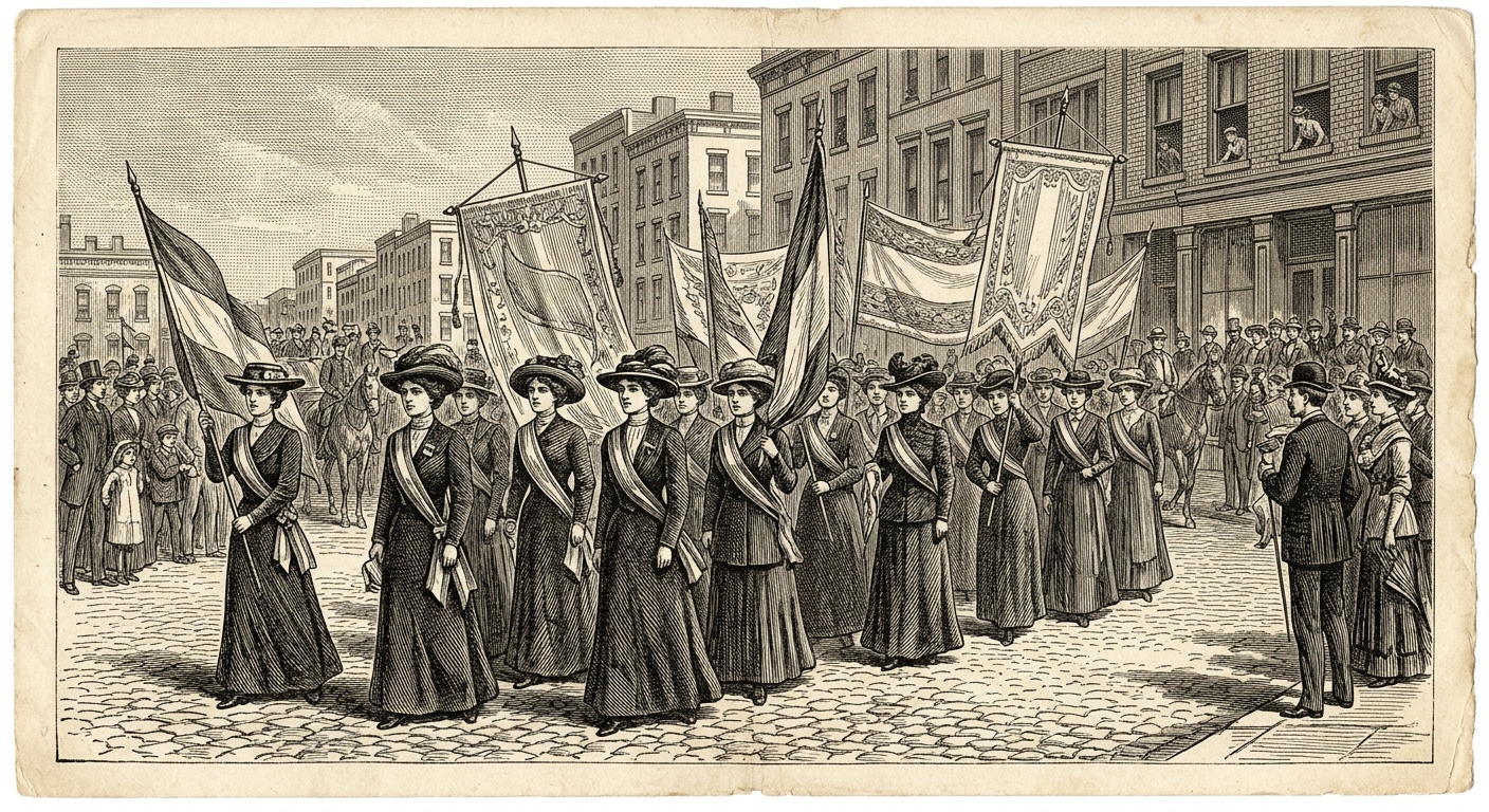 Antique engraving of a women's suffrage march with banners
