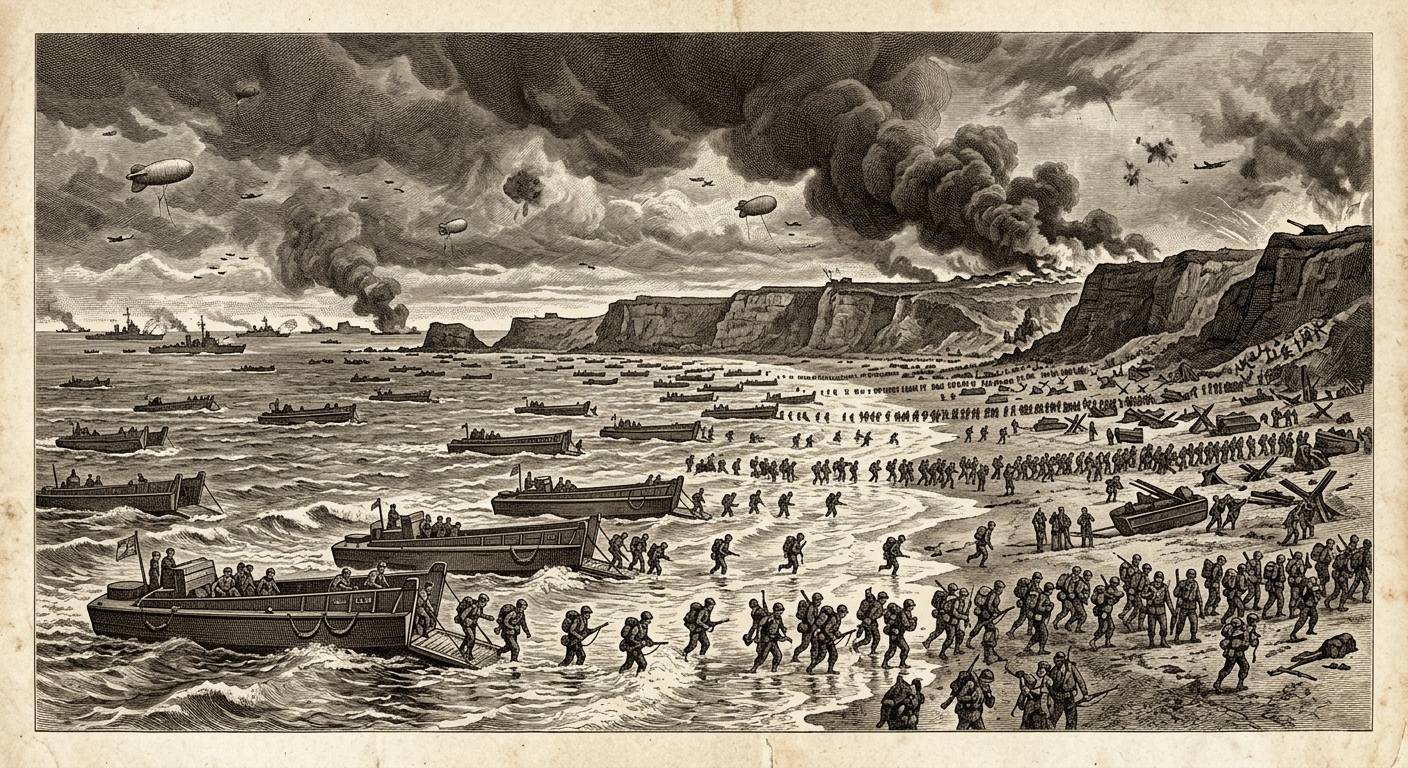 Antique engraving of Allied soldiers wading ashore from landing craft on D-Day