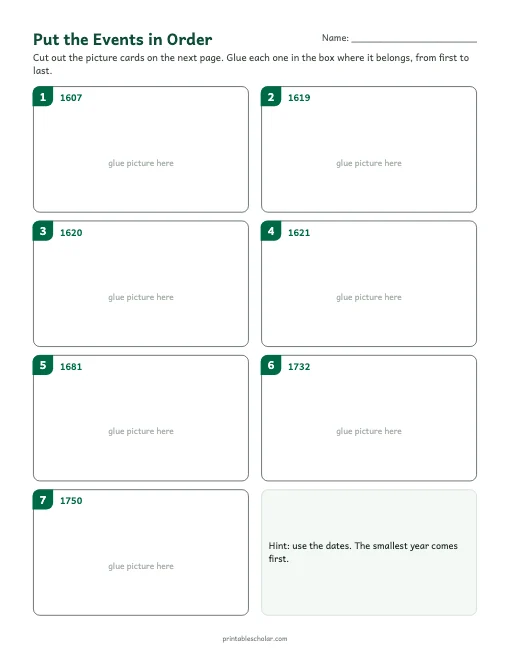 Colonial America Timeline for Kids: cut and order activity preview