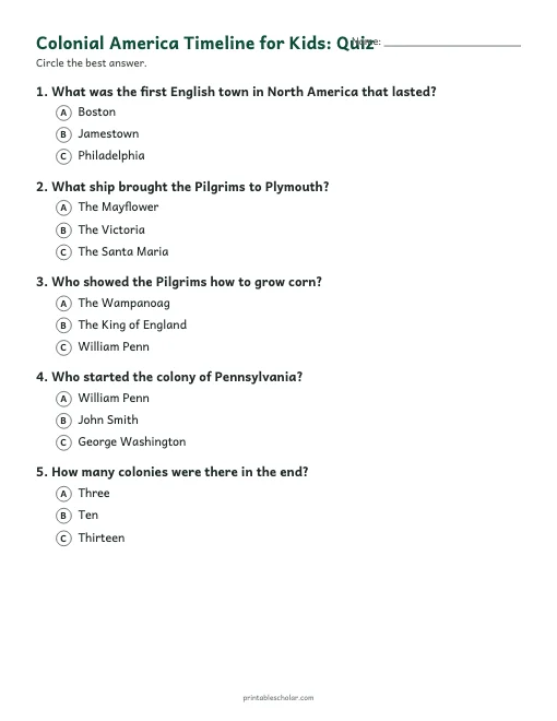 Colonial America Timeline for Kids: quiz with answer key preview