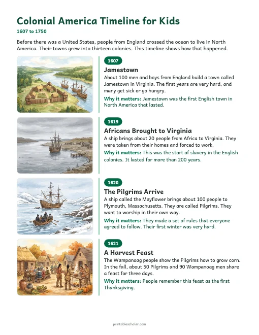 Colonial America Timeline for Kids: illustrated timeline preview