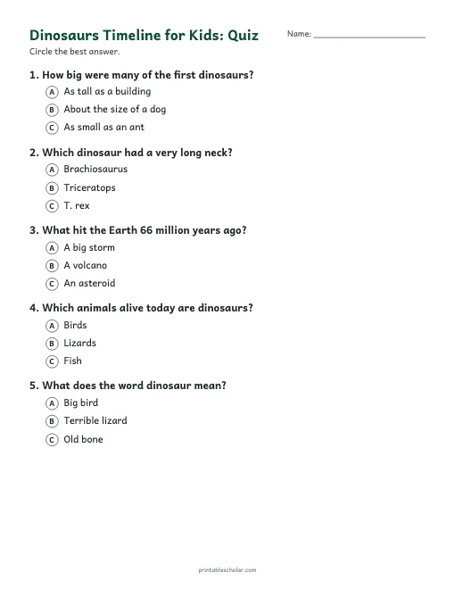 Dinosaurs Timeline for Kids: quiz with answer key preview