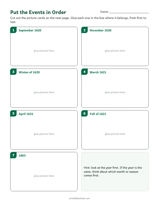 The First Thanksgiving Timeline for Kids: cut and order activity preview