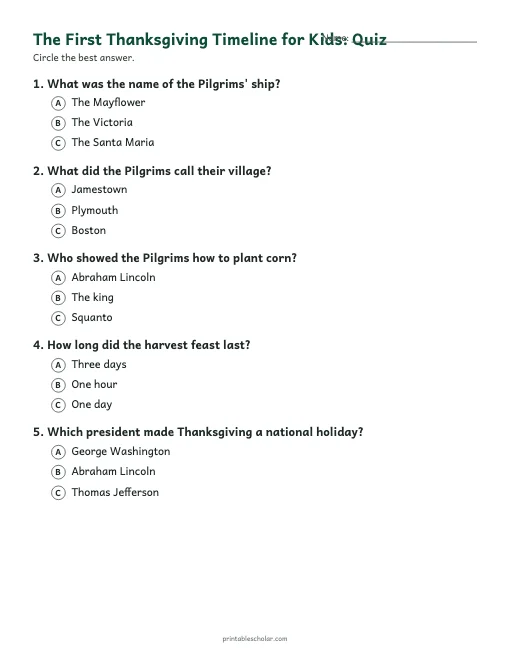 The First Thanksgiving Timeline for Kids: quiz with answer key preview