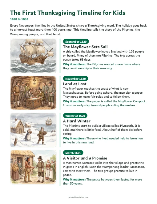 The First Thanksgiving Timeline for Kids: illustrated timeline preview