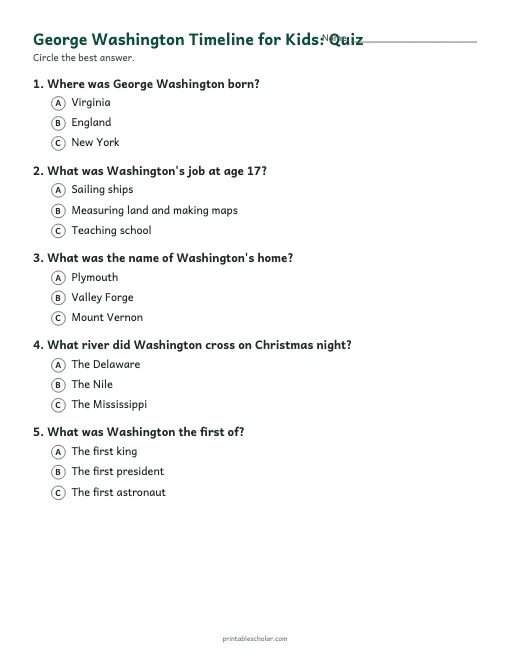 George Washington Timeline for Kids: quiz with answer key preview