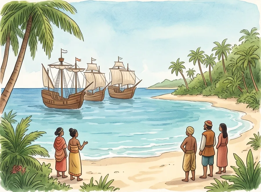 Columbus Crosses the Ocean: watercolor illustration