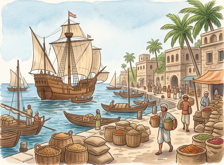 A Sea Road to India: watercolor illustration