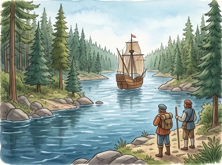 Up a Great River: watercolor illustration