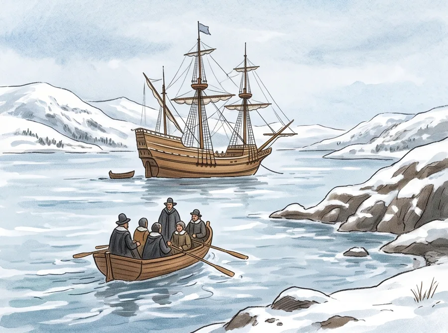 The Pilgrims Arrive: watercolor illustration