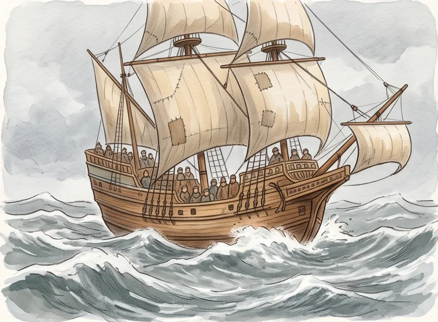 The Mayflower Sets Sail: watercolor illustration