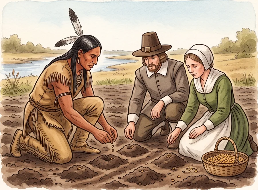 Squanto Helps: watercolor illustration