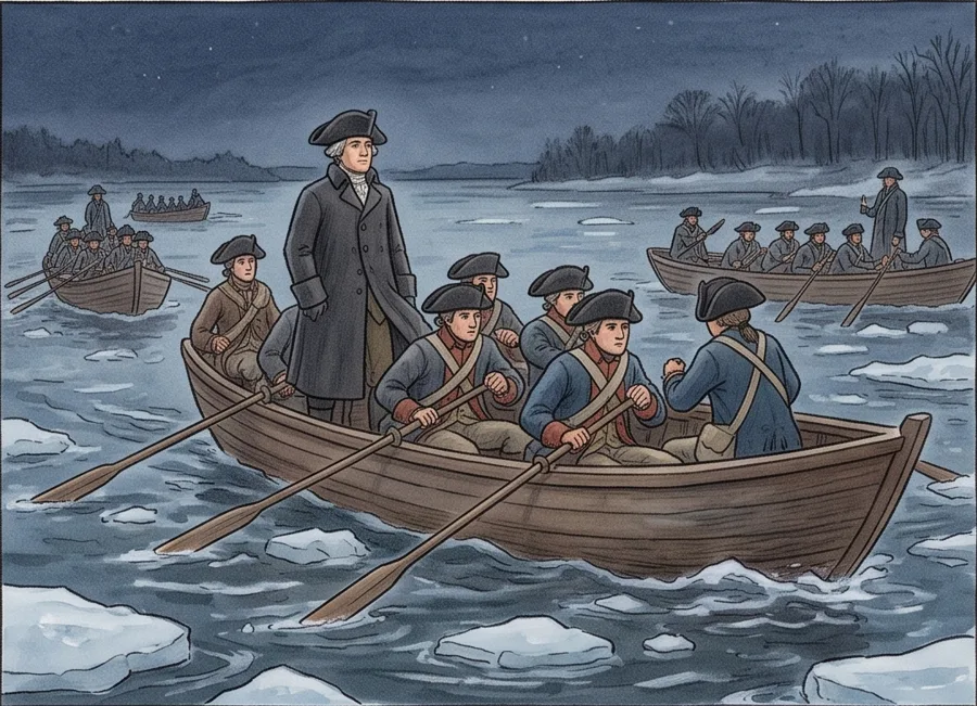Crossing the Delaware: watercolor illustration