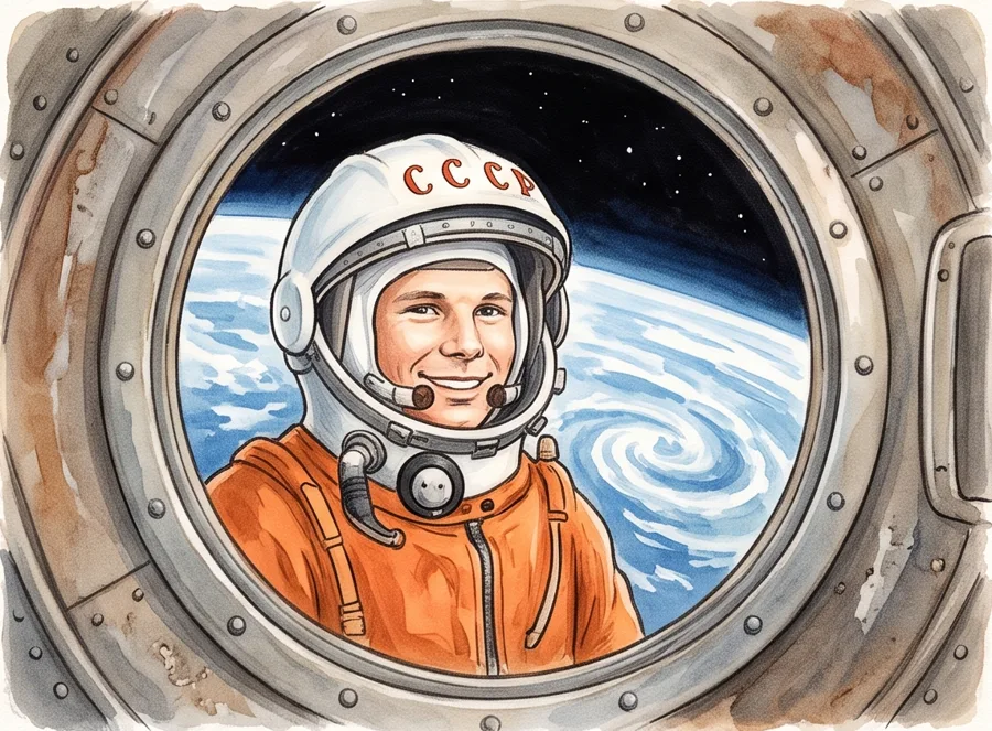 The First Person in Space: watercolor illustration
