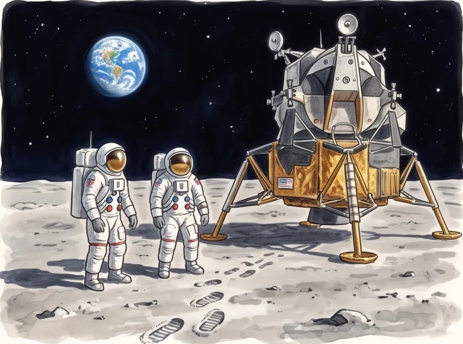 Walking on the Moon: watercolor illustration