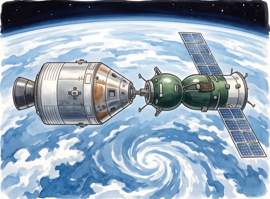 A Handshake in Space: watercolor illustration