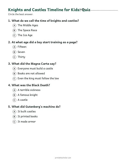 Knights and Castles Timeline for Kids: quiz with answer key preview
