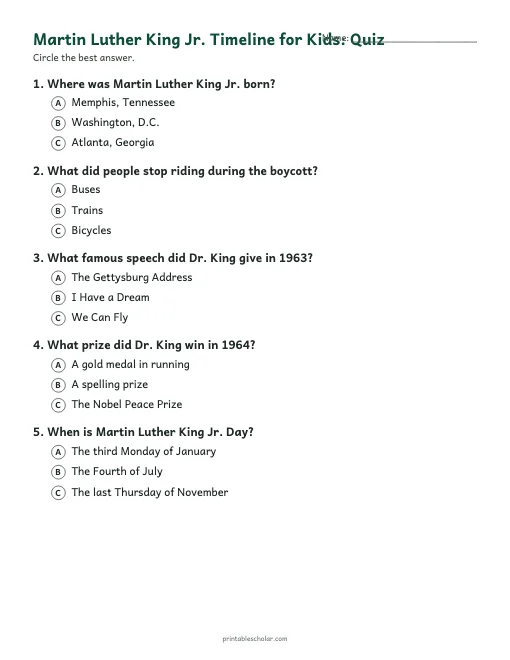 Martin Luther King Jr. Timeline for Kids: quiz with answer key preview