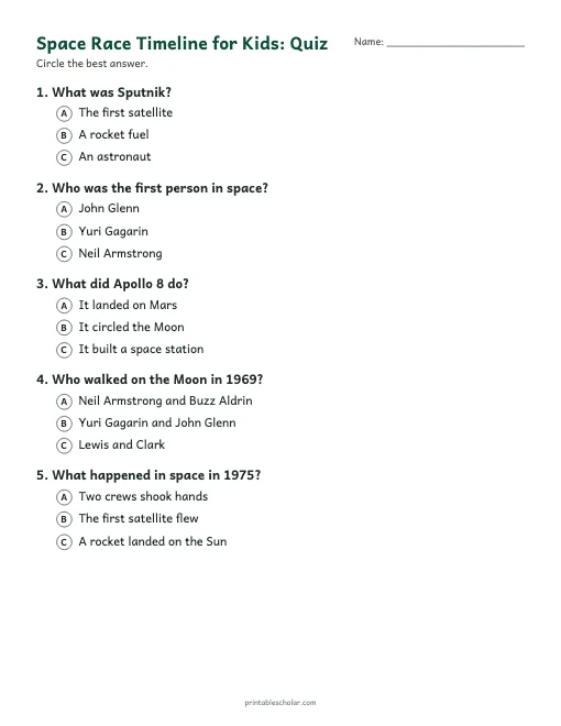 Space Race Timeline for Kids: quiz with answer key preview