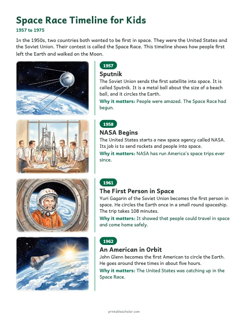 Space Race Timeline for Kids: illustrated timeline preview