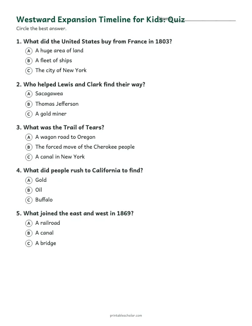 Westward Expansion Timeline for Kids: quiz with answer key preview