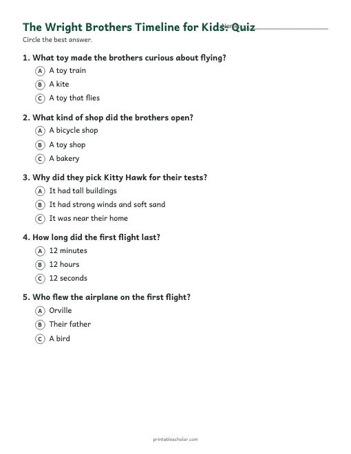The Wright Brothers Timeline for Kids: quiz with answer key preview