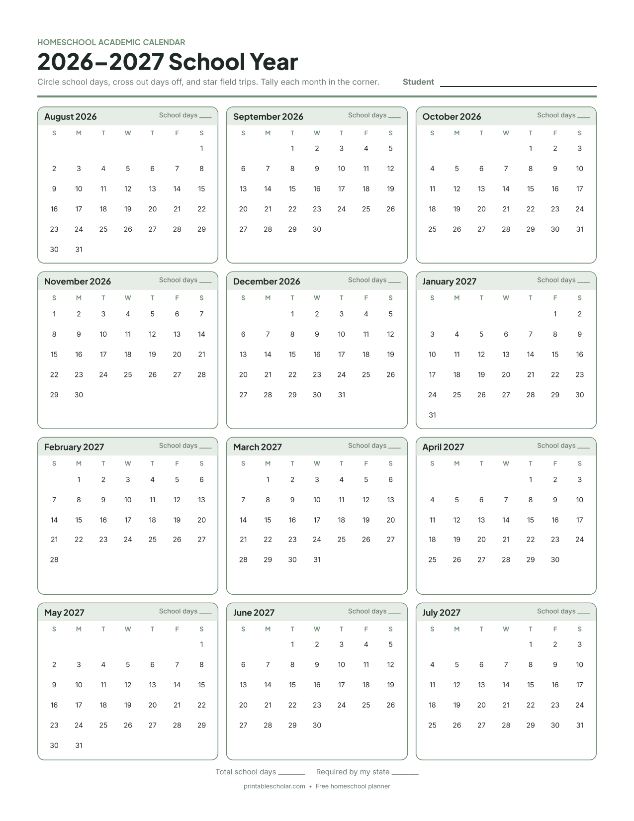 Free printable 2026–2027 homeschool calendar: twelve months from August 2026 to July 2027 with a school-day tally for each month