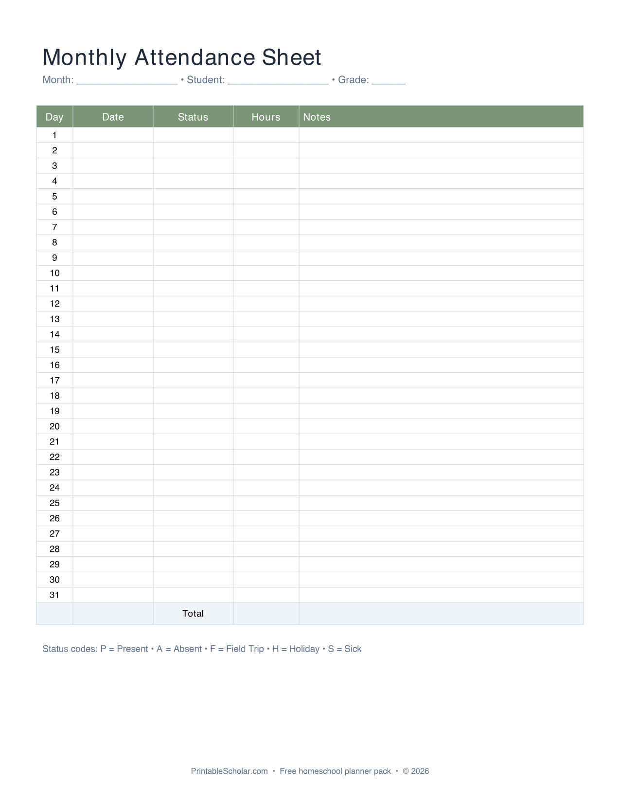 Preview of Monthly Attendance Sheet PDF