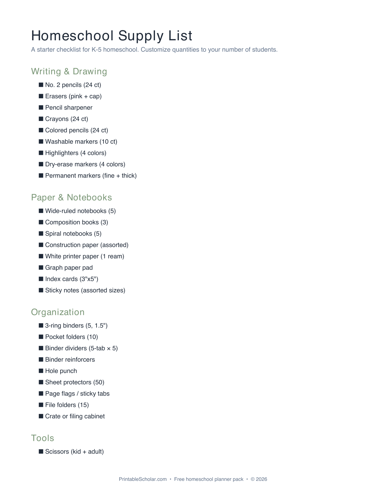 Preview of Homeschool Supply List PDF