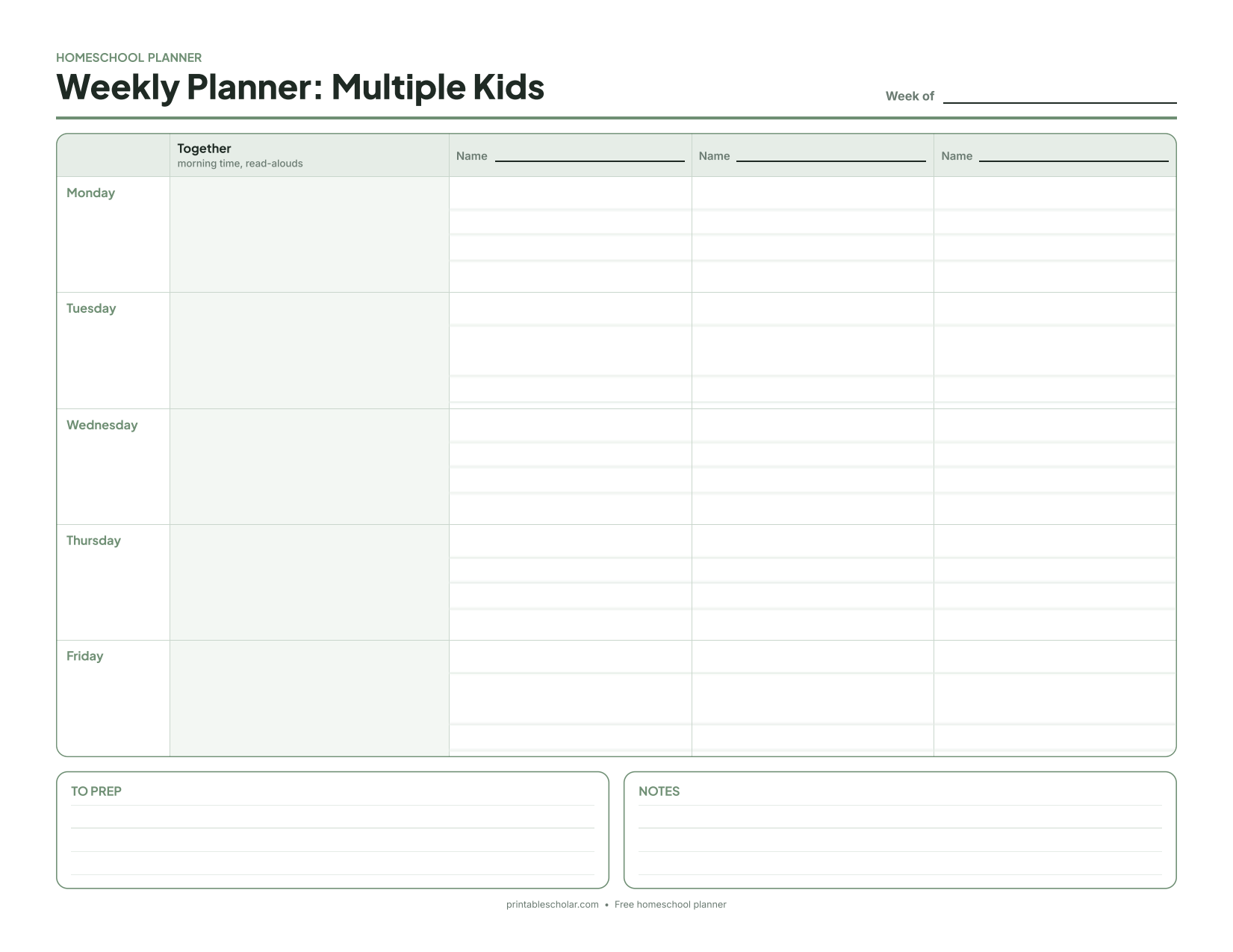 Free printable homeschool weekly planner for multiple kids: a shared Together column plus a column for each of three children