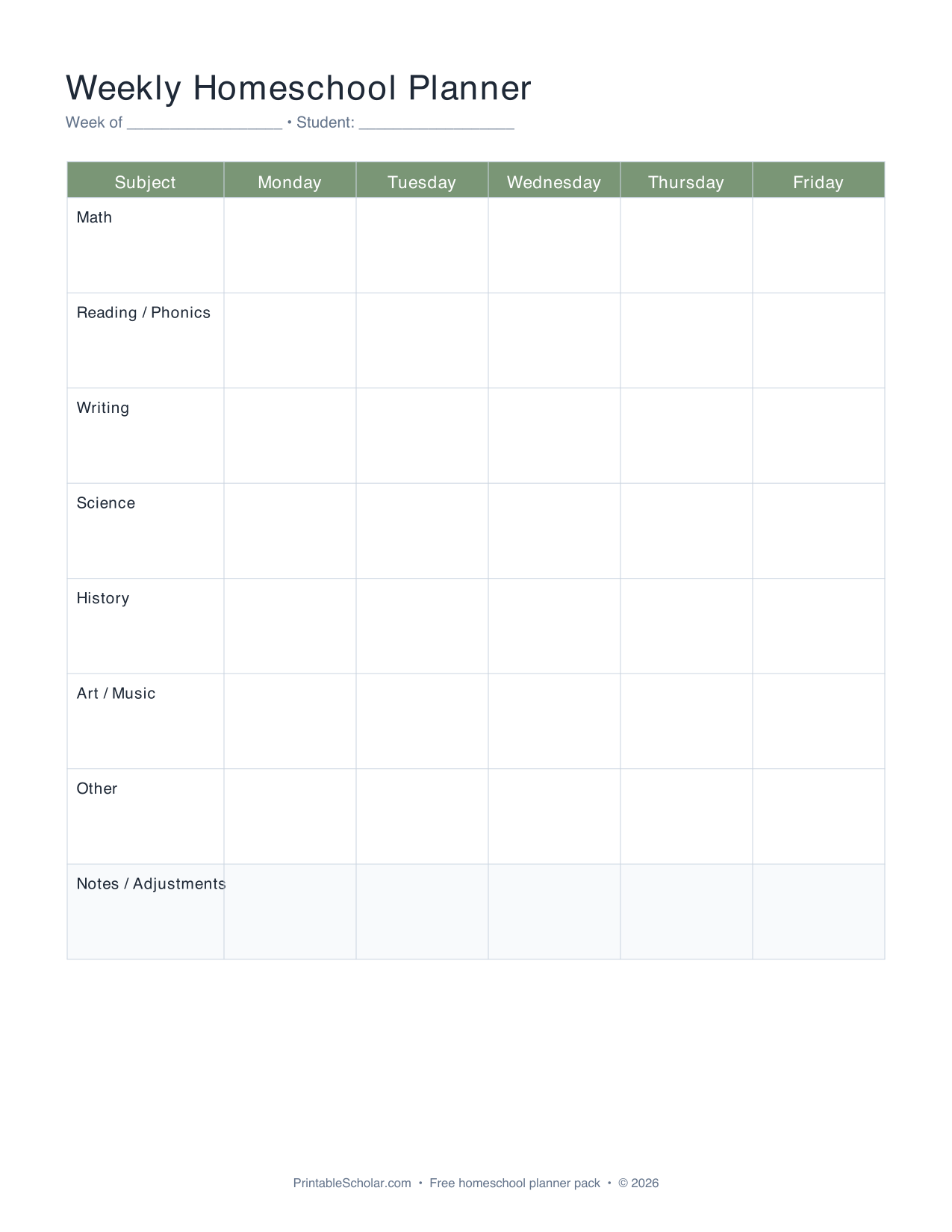 Preview of Weekly Homeschool Planner PDF