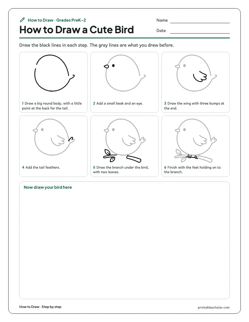 Cute bird: Step by Step worksheet preview
