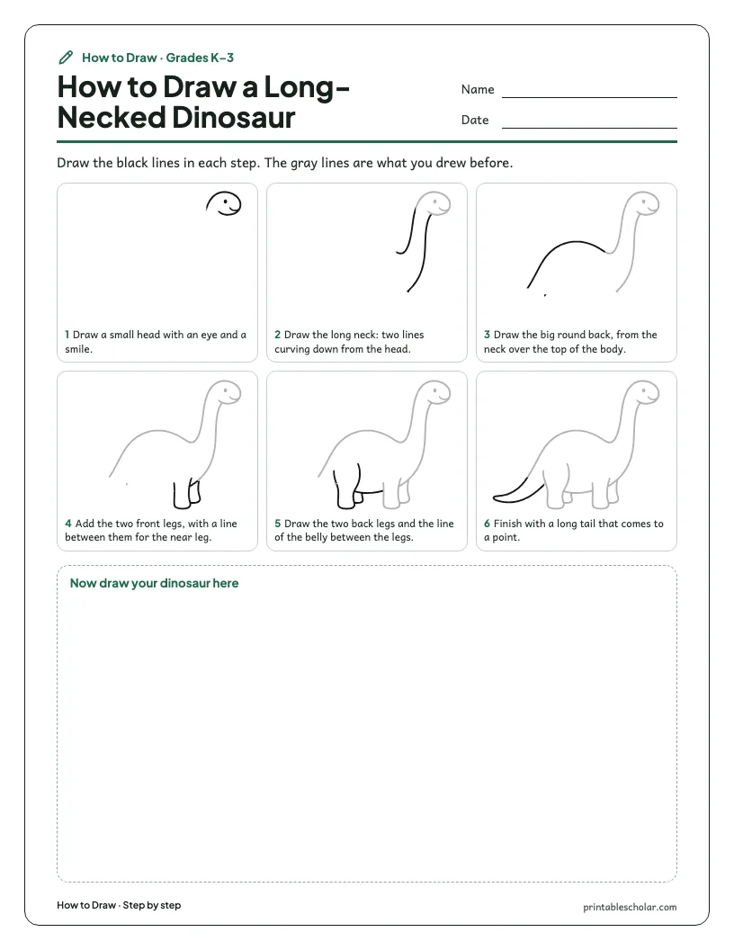 Long-necked dinosaur: Step by Step worksheet preview