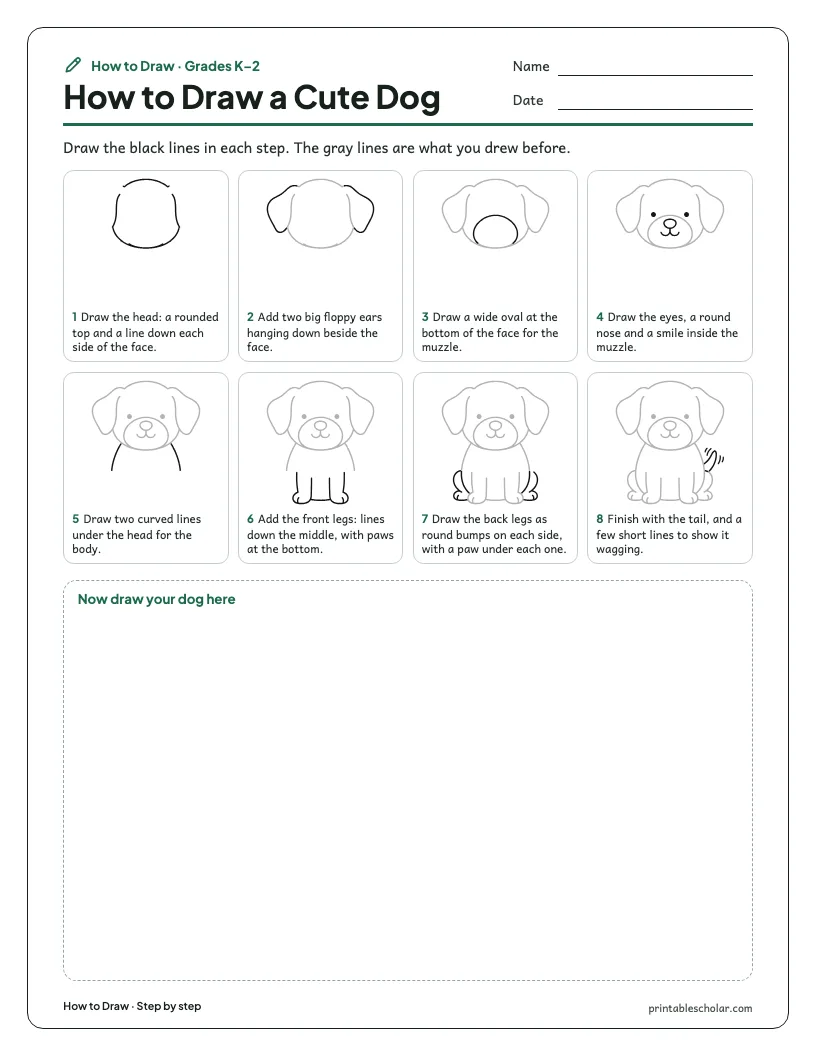 Cute dog: Step by Step worksheet preview