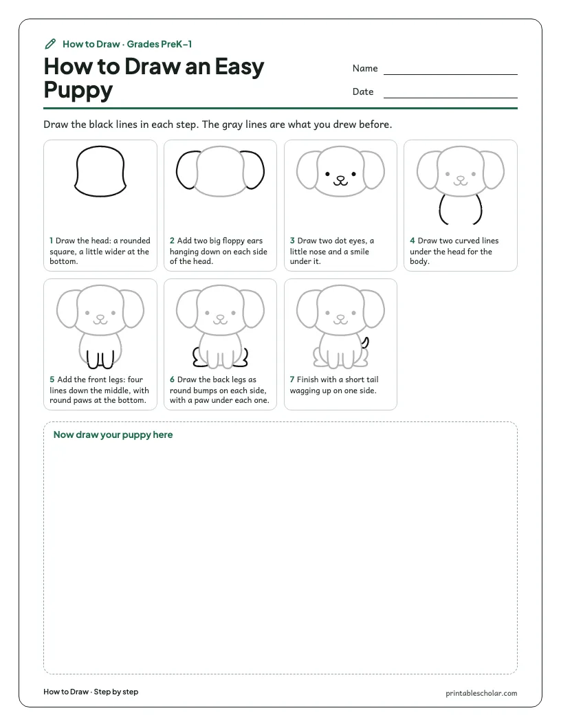 Easy puppy: Step by Step worksheet preview