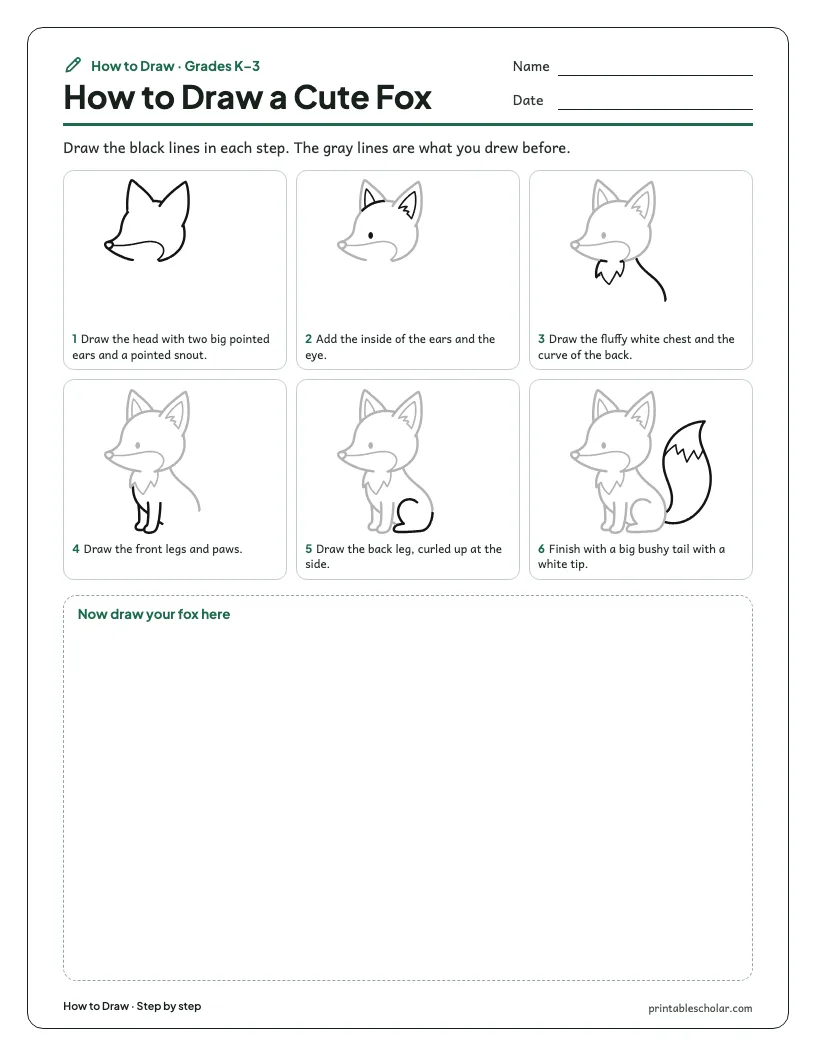 Cute fox: Step by Step worksheet preview
