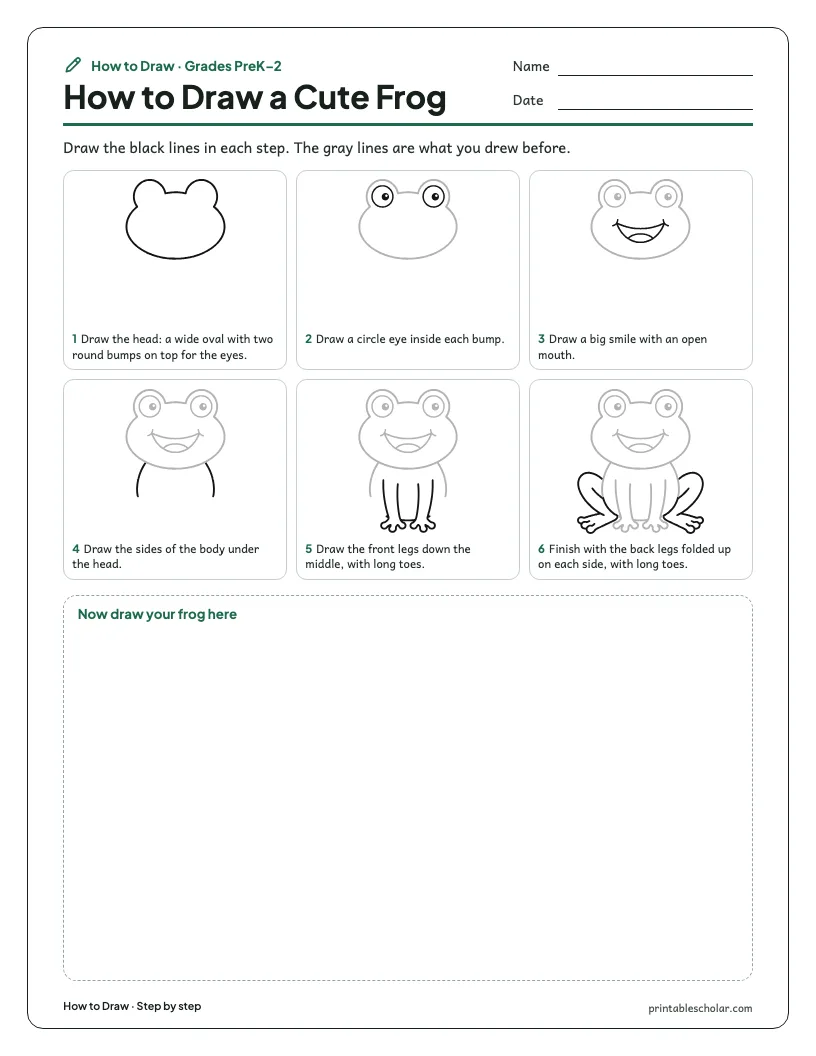 Cute frog: Step by Step worksheet preview